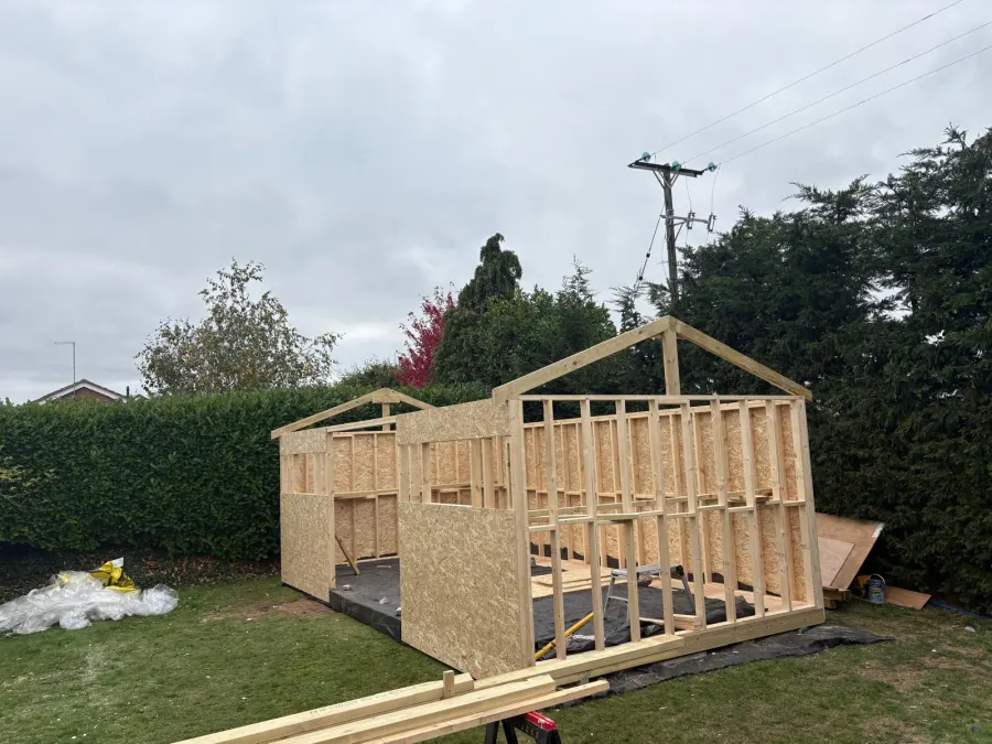 OSB-clad garden room shell with roof trusses